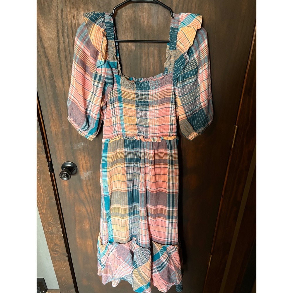 Vineyard Vines Womens Linen Plaid Smocked Midi Dress Multi Color Size S